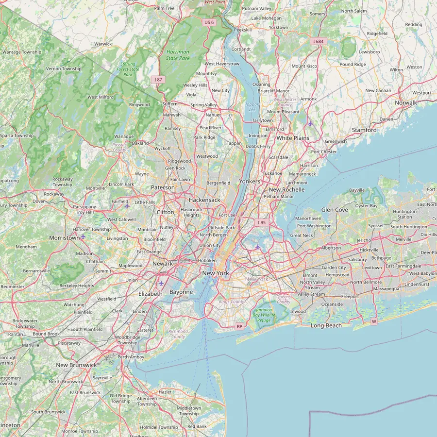 Mappa dell’area di New York con il Downtown Manhattan Heliport, Linden Airport, il terminal di FlyNYON a Kearny, Essex County Airport e Westchester County Airport
