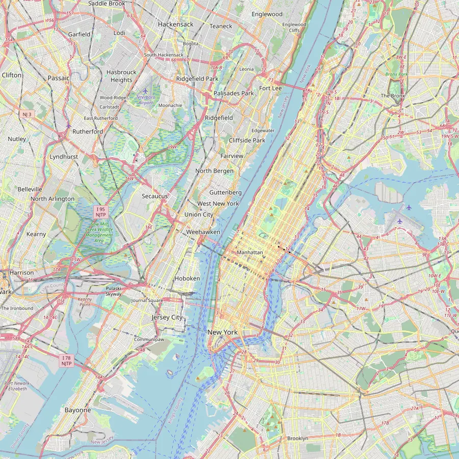 Mappa di Manhattan e del porto con il Downtown Manhattan Heliport, la Statua della Libertà, Ellis Island, One World Trade Center, Empire State Building, Intrepid Museum, Central Park e George Washington Bridge